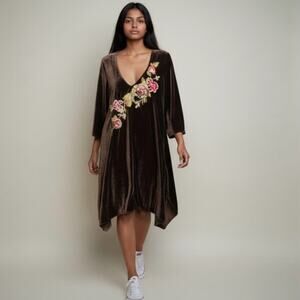Aratta Asymmetrical Brown Dress with Floral Accents S